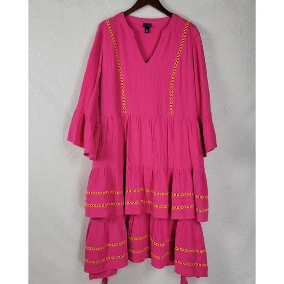 Scoop Womens Dress Sz 3XL Bright Pink 3/4 Sleeve Lace Detail Tiered Mini Belted‎ - Picture 1 of 14